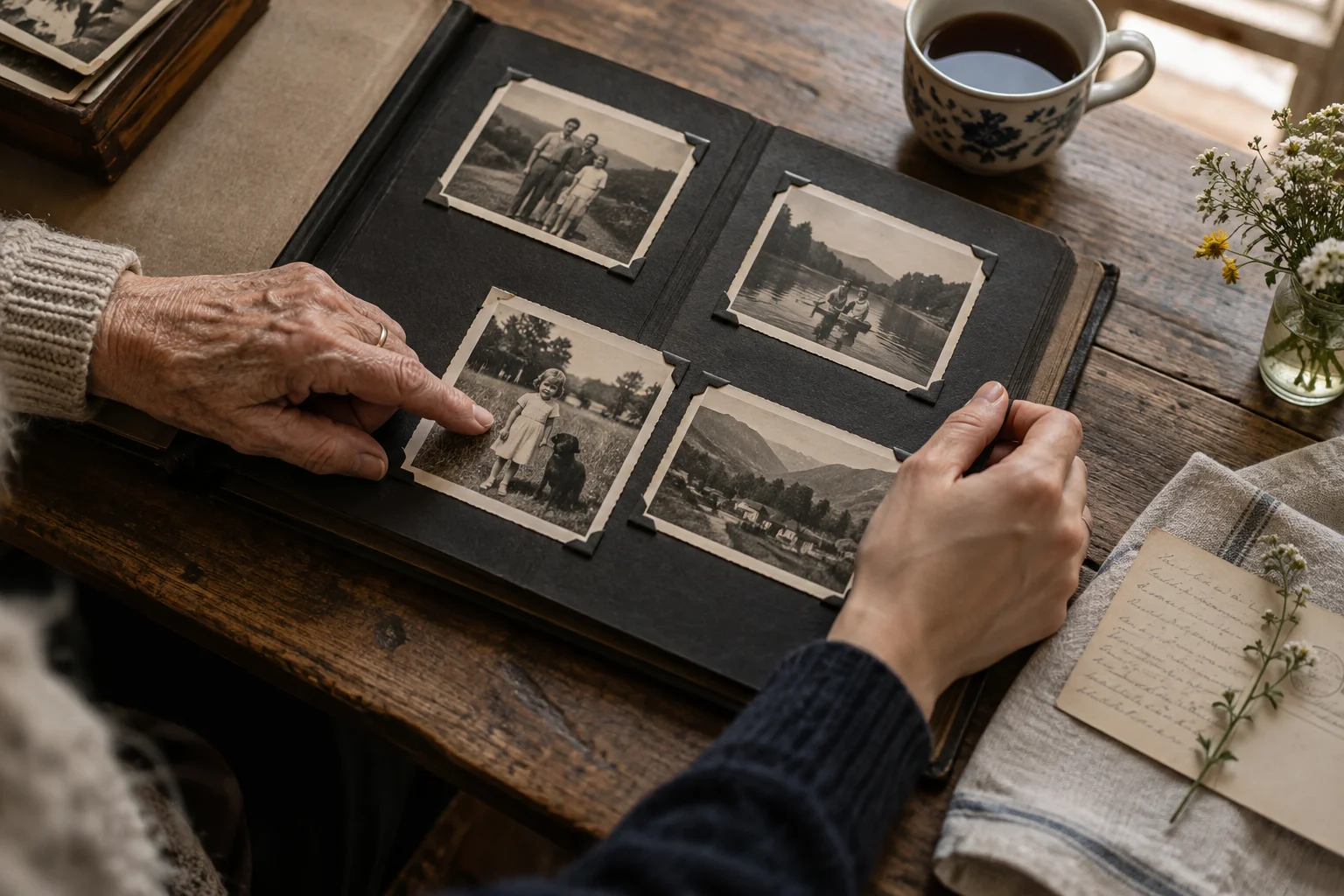 Two generations of hands looking through an invented family photo album at a wooden table.